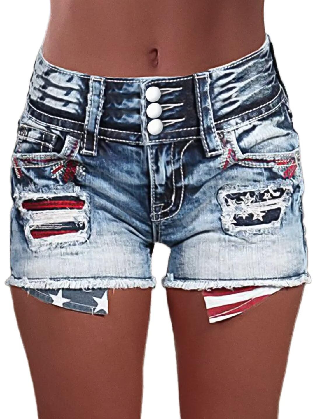 Flamingals Distressed Jean Shorts for Women High Waist American Flag Button Fly Raw Hem Denim Shorts - Patriotic Style S