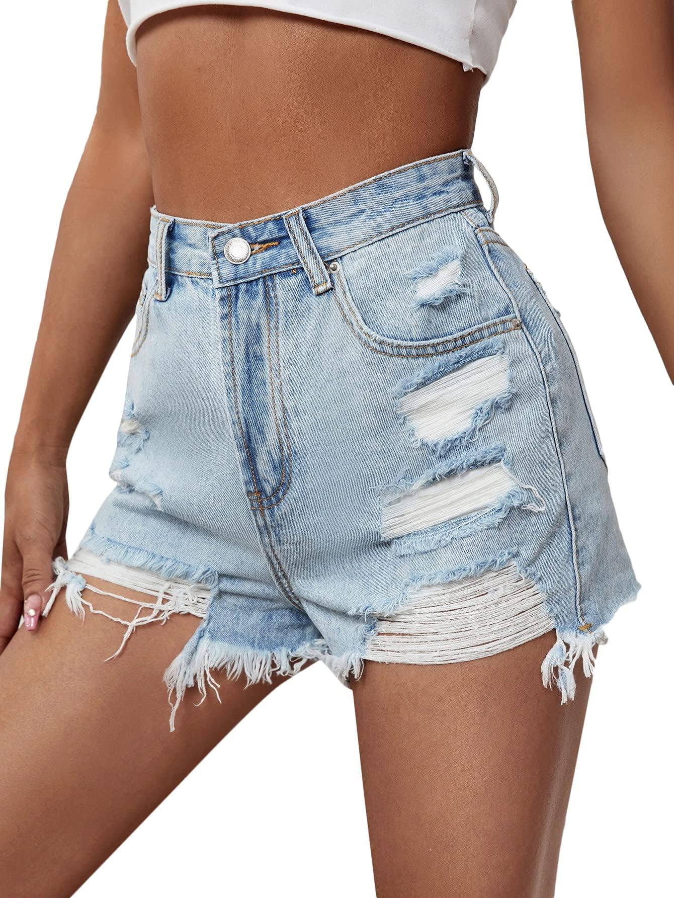 Women's Floerns Ripped Raw Hem High Waisted Distressed Denim Shorts for Casual Summer Fun
| Women's Floerns Ripped Raw